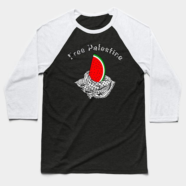 Free Palestine Watermelon Keffiyeh - Keffiyeh Text - Front Baseball T-Shirt by SubversiveWare